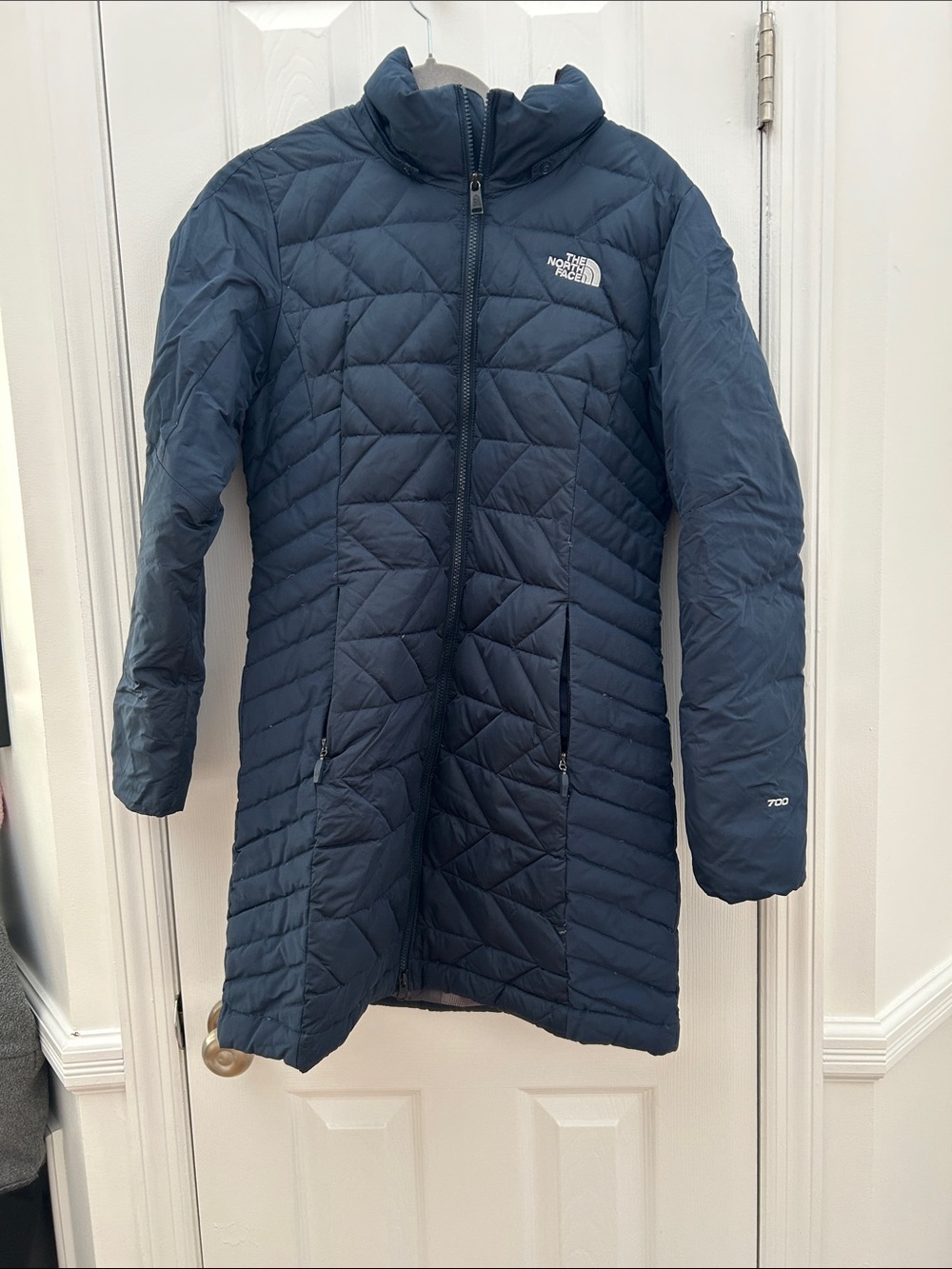 The North Face Dark Navy Quilted Insulated Coat- missing hood